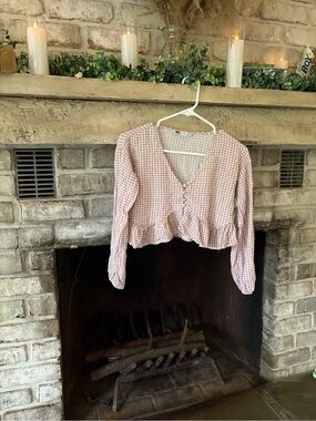 SO Pink & White Gingham V-Neck Button Top